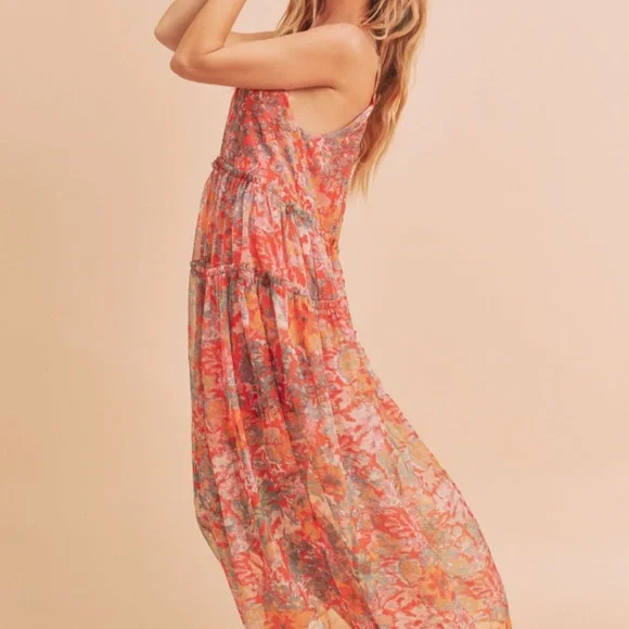 ❤️ AEMI AND CO “ Crimson” AEMI & CO. Floral Tiered Maxi Dress with Pockets BR52 - Picture 3 of 9